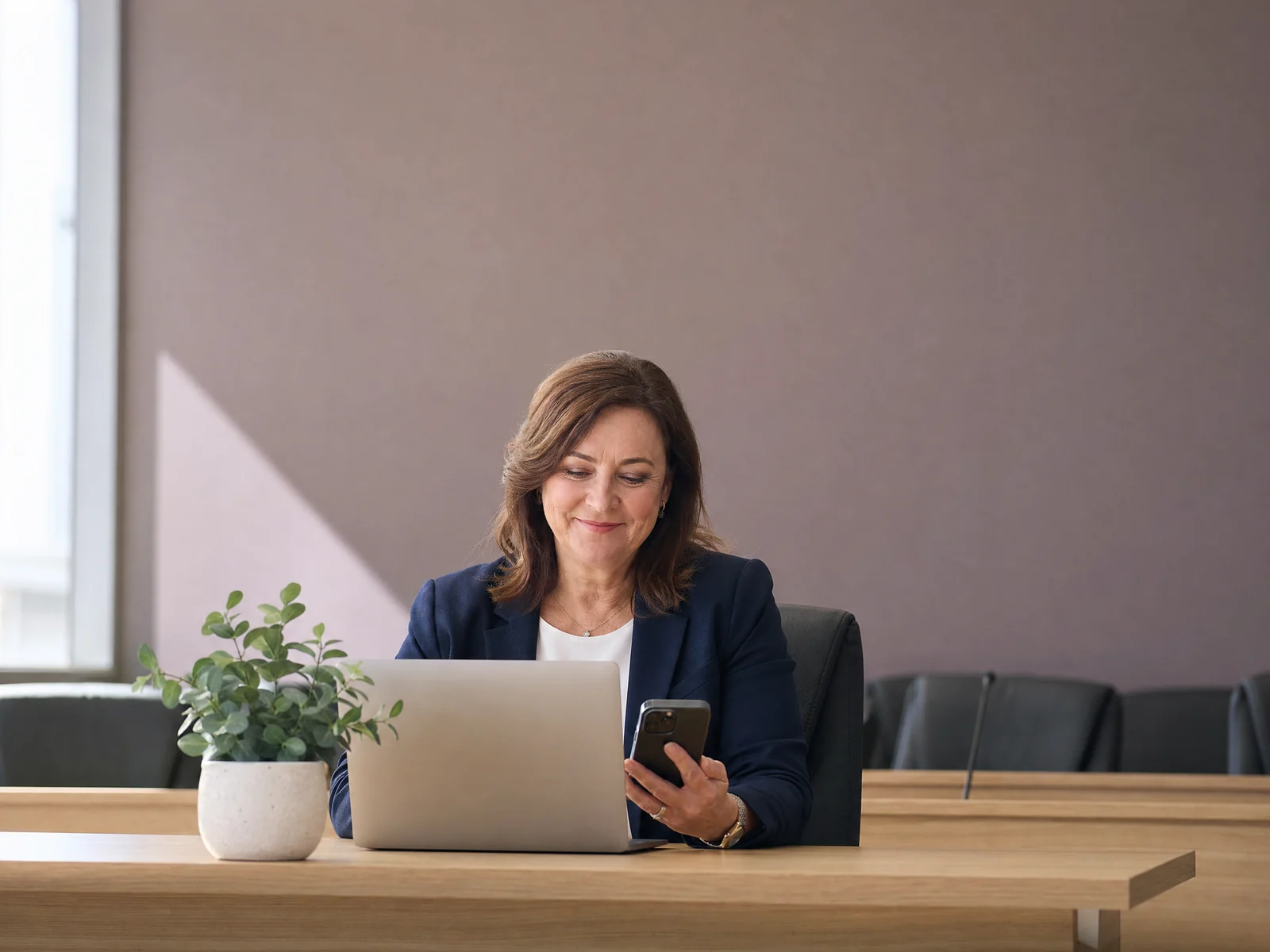 A councillor working at a desk with social media open
