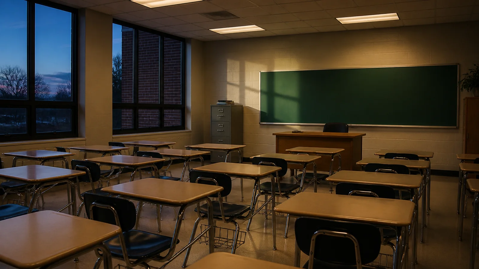 Empty classroom at dusk after the school day