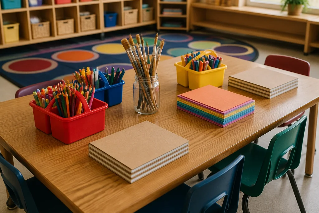 Classroom art table with supply caddies, brushes and stacked sketchbooks