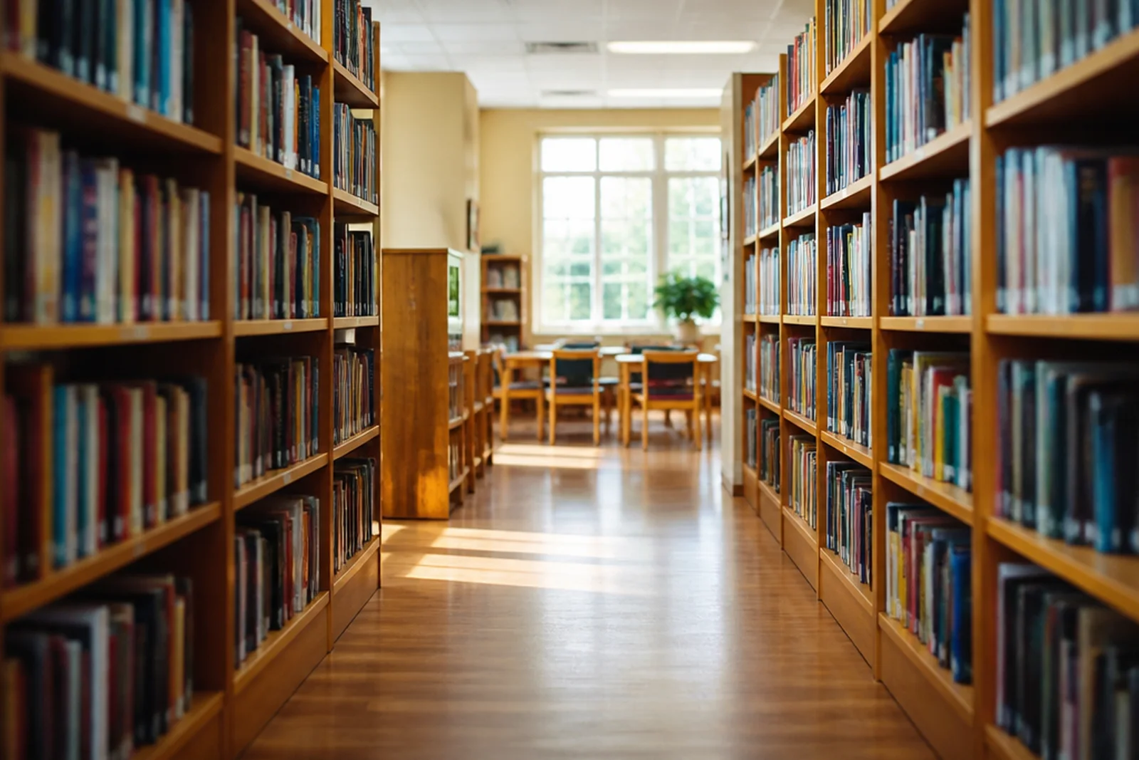 Campus library aisle with full bookshelves in warm light