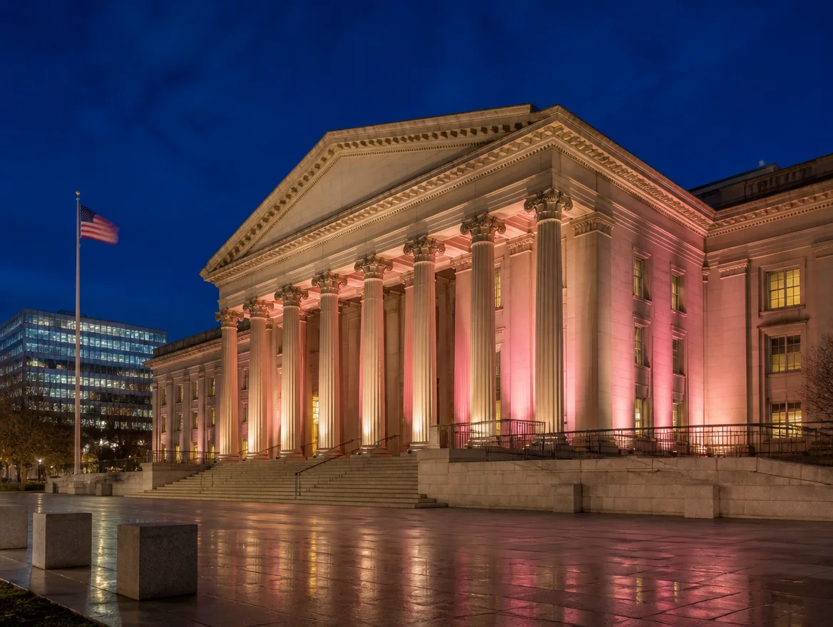 Neoclassical federal government building at dusk with pink-lit columns and an American flag