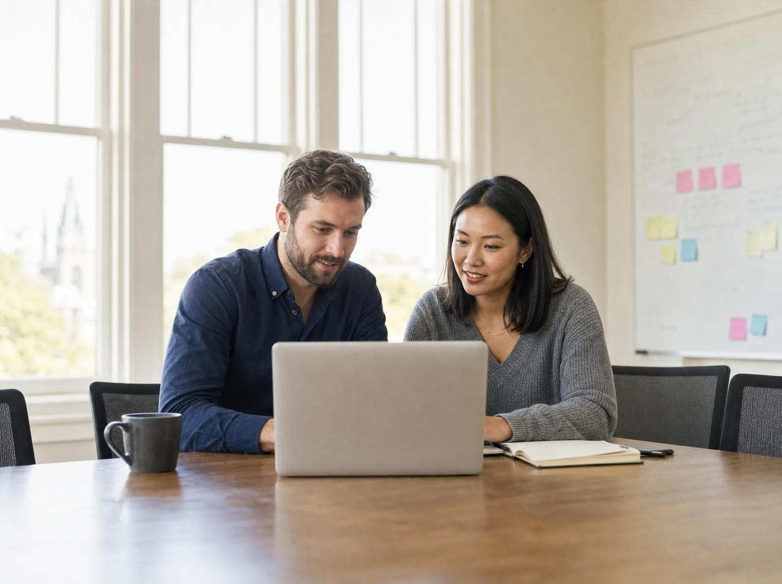 Two people working together at a laptop